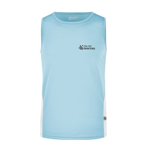 Camiseta de tirantes de polister azul claro y blanco para hombre.
