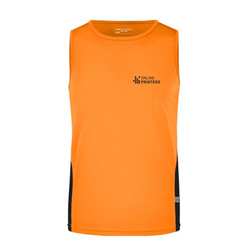 Camiseta de tirantes naranja de polister para hombre con paneles laterales negros.