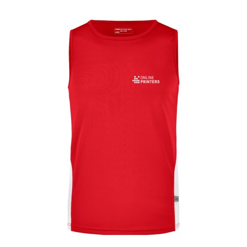 Camiseta de tirantes de polister roja y blanca para hombre.