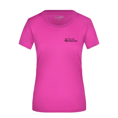 Camiseta rosa de polister para mujer con mangas cortas.
