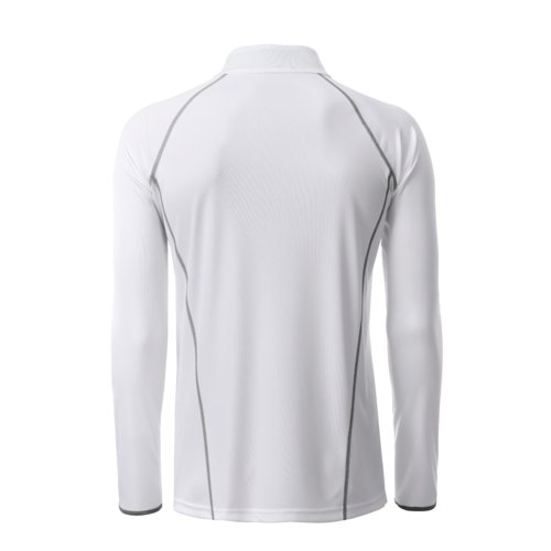 Camiseta blanca de polister de manga larga con detalles plateados.