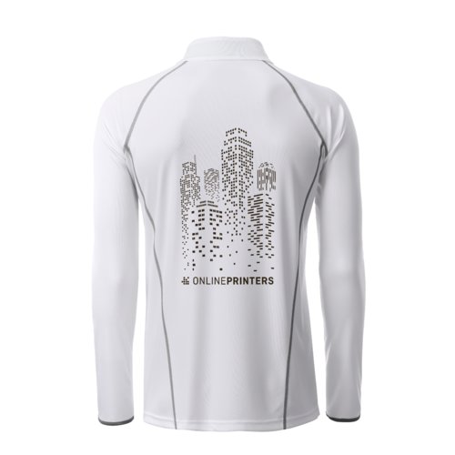Camiseta blanca de polister de manga larga para hombre con detalles plateados.