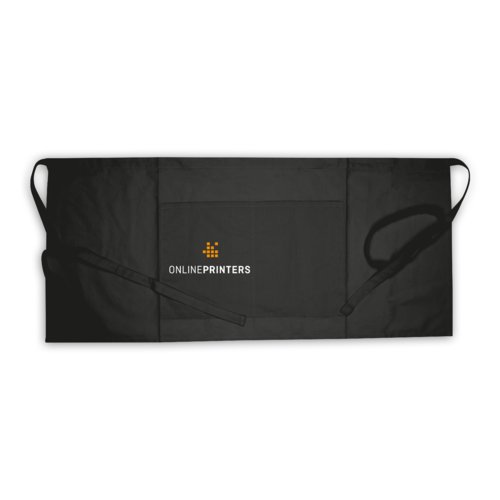 Delantal negro de algodn con correas ajustables y bolsillos.