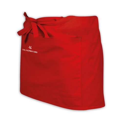 Delantal rojo de algodn con bolsillo de parche y lazos.