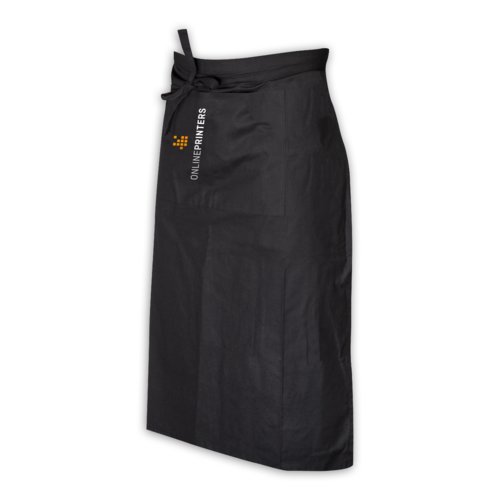 Delantal negro de algodn con cintas largas y bolsillo.