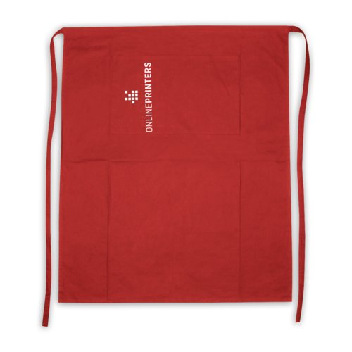 Delantal rojo de algodn con cinta para el cuello y lazos largos.