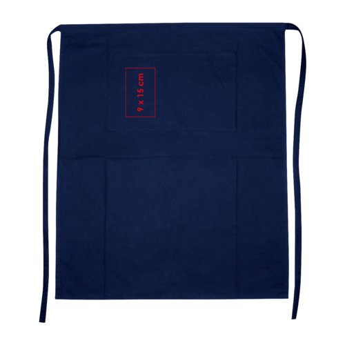 Delantal azul de algodn con lazos largos y un bolsillo de parche.