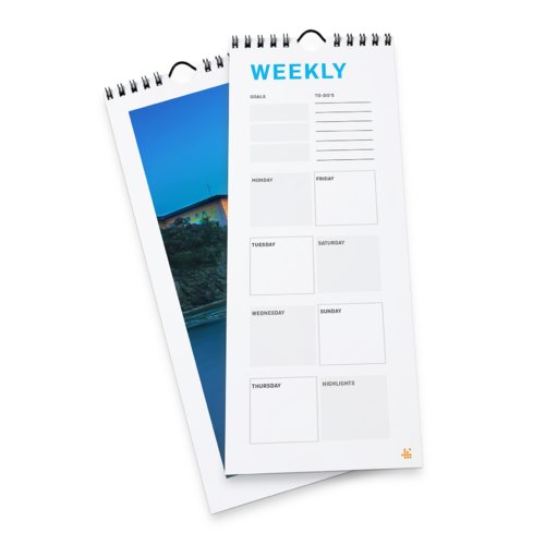 Calendario semanal de papel con encuadernacin en espiral.