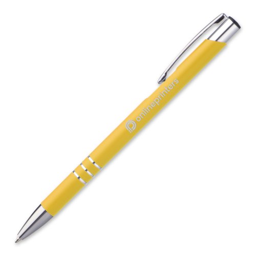 Bolgrafo de metal amarillo con clip y botn pulsador.