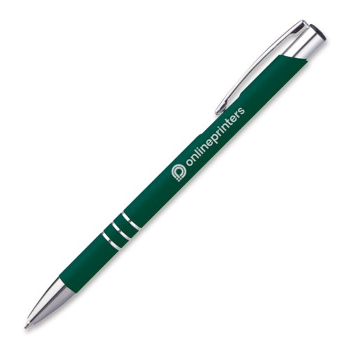 Bolgrafo de metal verde con clip y botn pulsador.