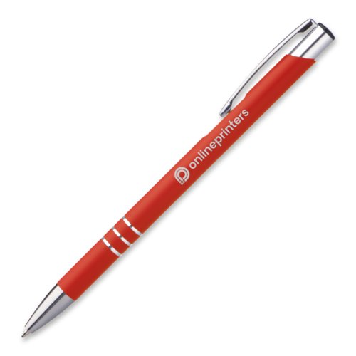 Bolgrafo de metal rojo con clip y botn pulsador.