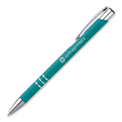Bolgrafo de metal turquesa con clip y botn pulsador.