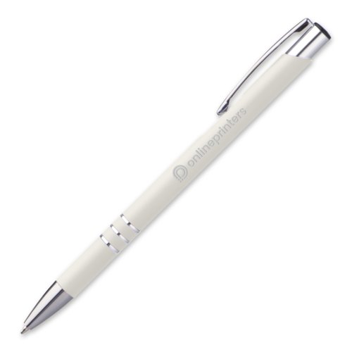 Bolgrafo de metal blanco con clip y botn pulsador.