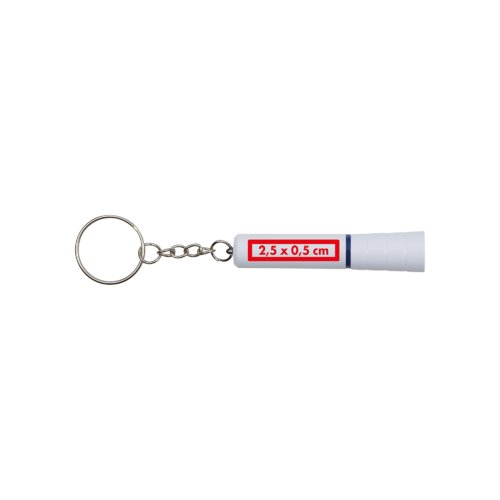 Llavero de plstico blanco con luz LED y anillo metlico.