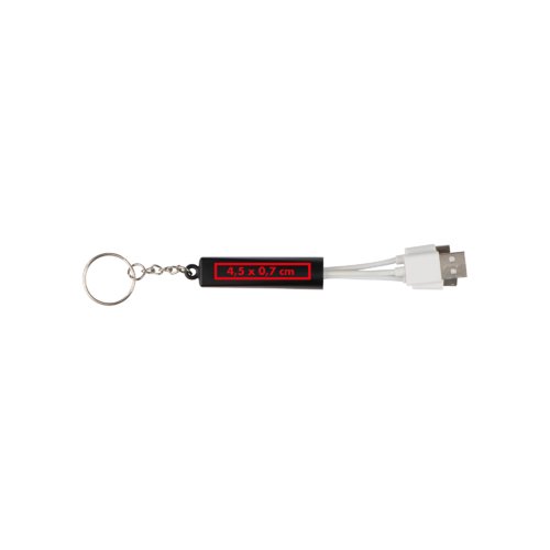Cable de carga USB negro con llavero y tres conectores diferentes.