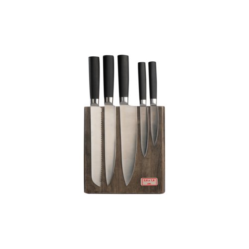 Bloque de cuchillos de madera con seis cuchillos de acero inoxidable.