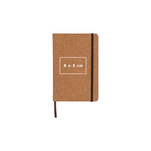 Cuaderno de corcho con cierre elstico y marcapginas de cinta.