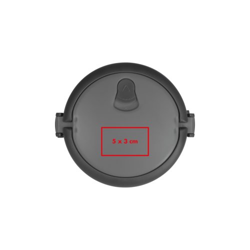 Fiambrera de plstico gris con clips de cierre.