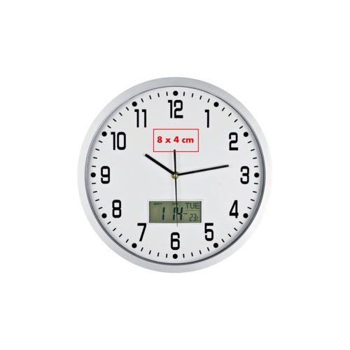Reloj de pared analgico con pantalla digital adicional.