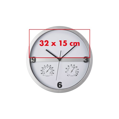 Reloj de pared plateado con termmetro e higrmetro integrados.