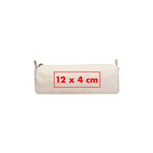 Estuche beige de tela con cremallera.