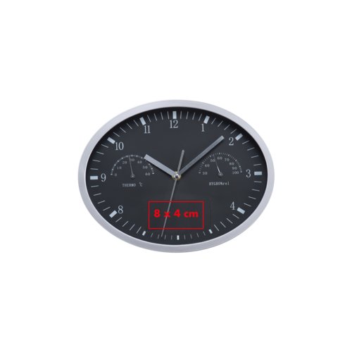 Reloj de pared negro con termmetro e higrmetro.