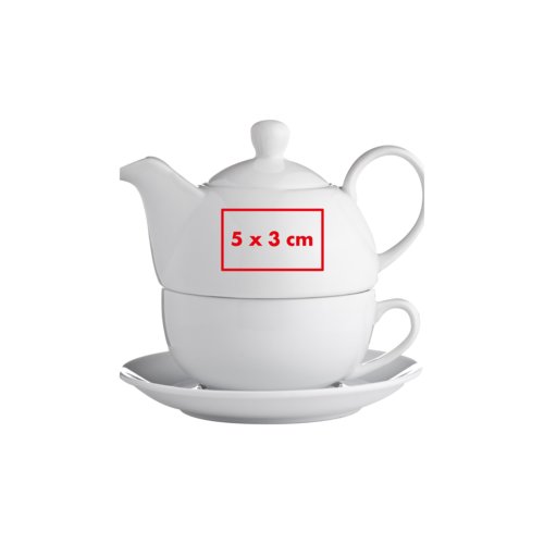 Juego de t de cermica blanca, compuesto por tetera, taza y plato.