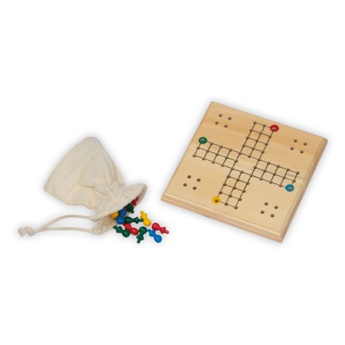 Juego de mesa de madera marrn con fichas y bolsa de algodn.