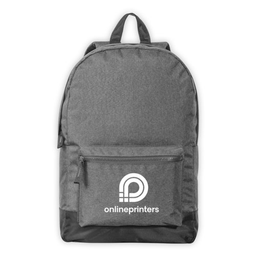 Mochila de tela gris con compartimento con cremallera y asa de transporte.