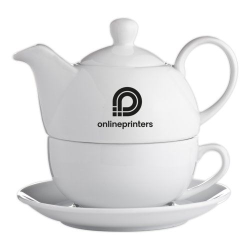 Juego de t de cermica blanca que incluye tetera, taza y plato.
