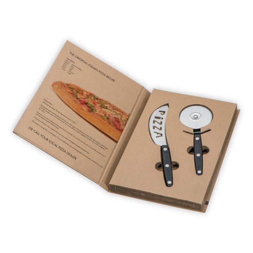 Set de pizza negro de 2 piezas con cuchillo para pizza y cortador de pizza.