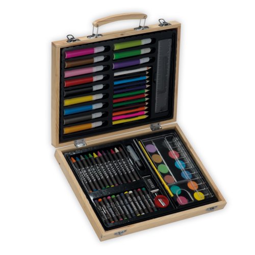 Set de arte de madera marrn con varios materiales de arte.