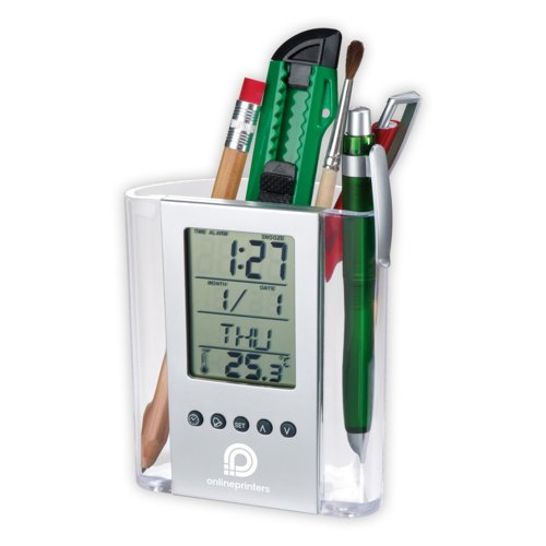 Organizador de escritorio acrlico con pantalla digital.