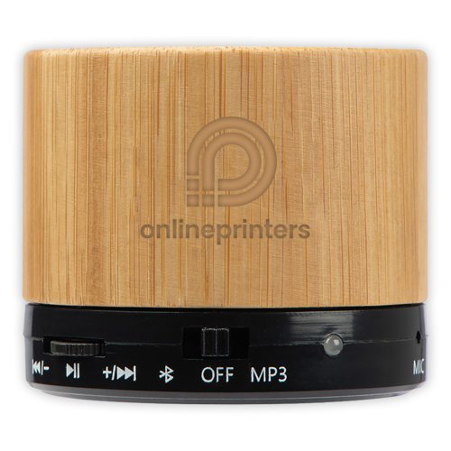 Altavoz Bluetooth de madera clara con panel de control.