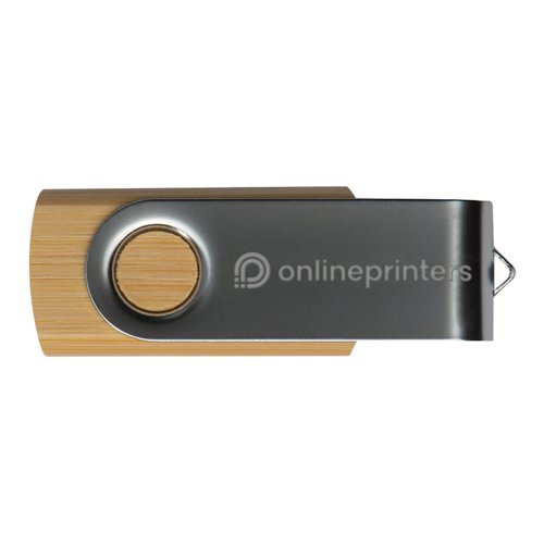 Memoria USB de madera con carcasa giratoria de metal.