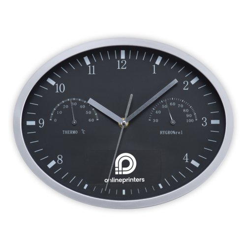 Reloj de pared negro con termmetro e higrmetro.