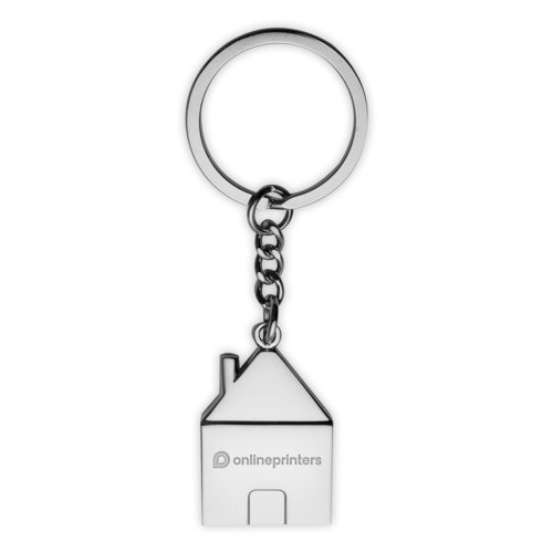 Llavero de metal con forma de casa y anilla.