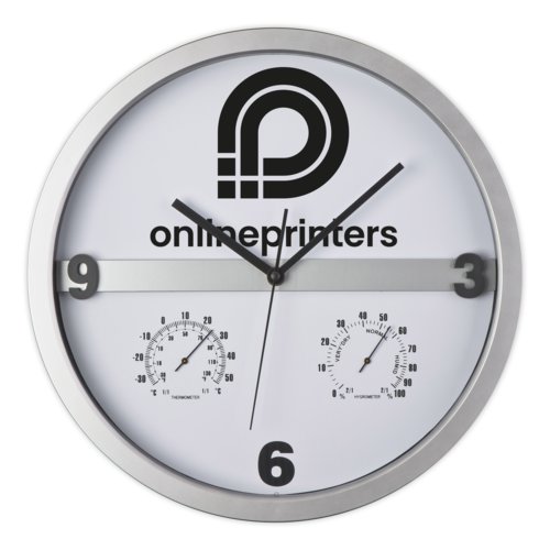 Reloj de pared plateado con termmetro e higrmetro.