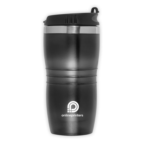Vaso negro de acero inoxidable con tapa.