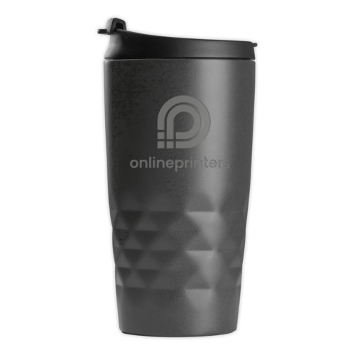 Vaso gris de acero inoxidable con tapa.