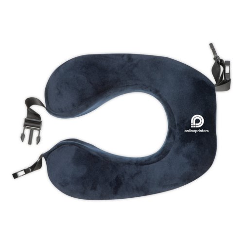 Almohada de cuello de felpa azul con cierre ajustable.