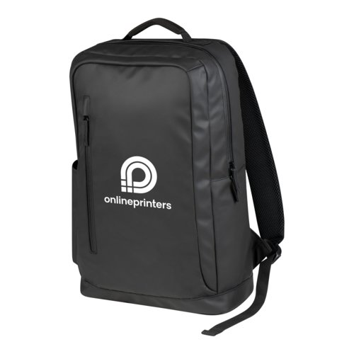 Mochila negra impermeable con cremalleras.