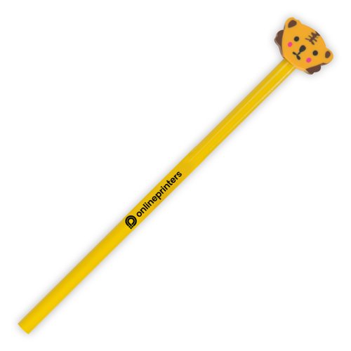 Lpiz de madera amarillo con adorno de cabeza de animal.