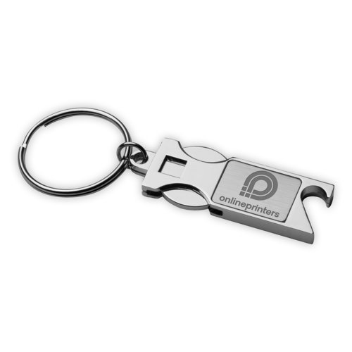 Llavero de metal con abrebotellas y anillo.