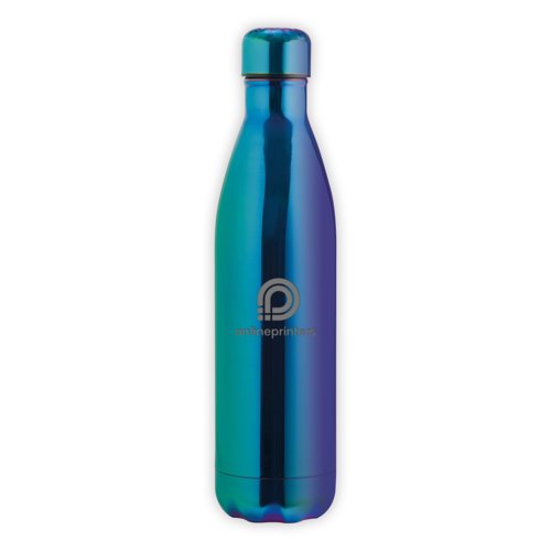 Botella de agua azul de acero inoxidable, aislada al vaco con tapn de rosca.
