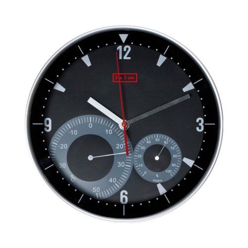 Reloj de pared negro con termmetro e higrmetro integrados.