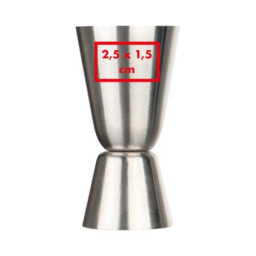 Jigger de acero inoxidable plateado con dos vasos medidores.
