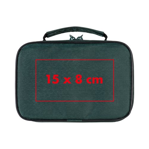 Bolsa verde con cremallera y asa de transporte.