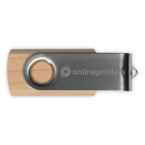 Memoria USB de madera con carcasa metlica giratoria.