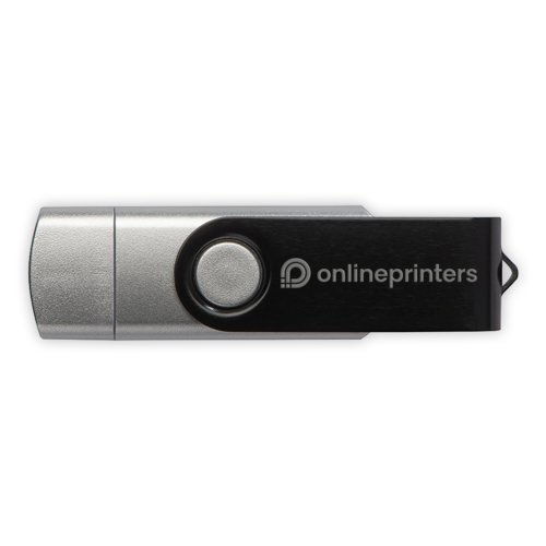 Memoria USB plateada con mecanismo giratorio y anilla.
